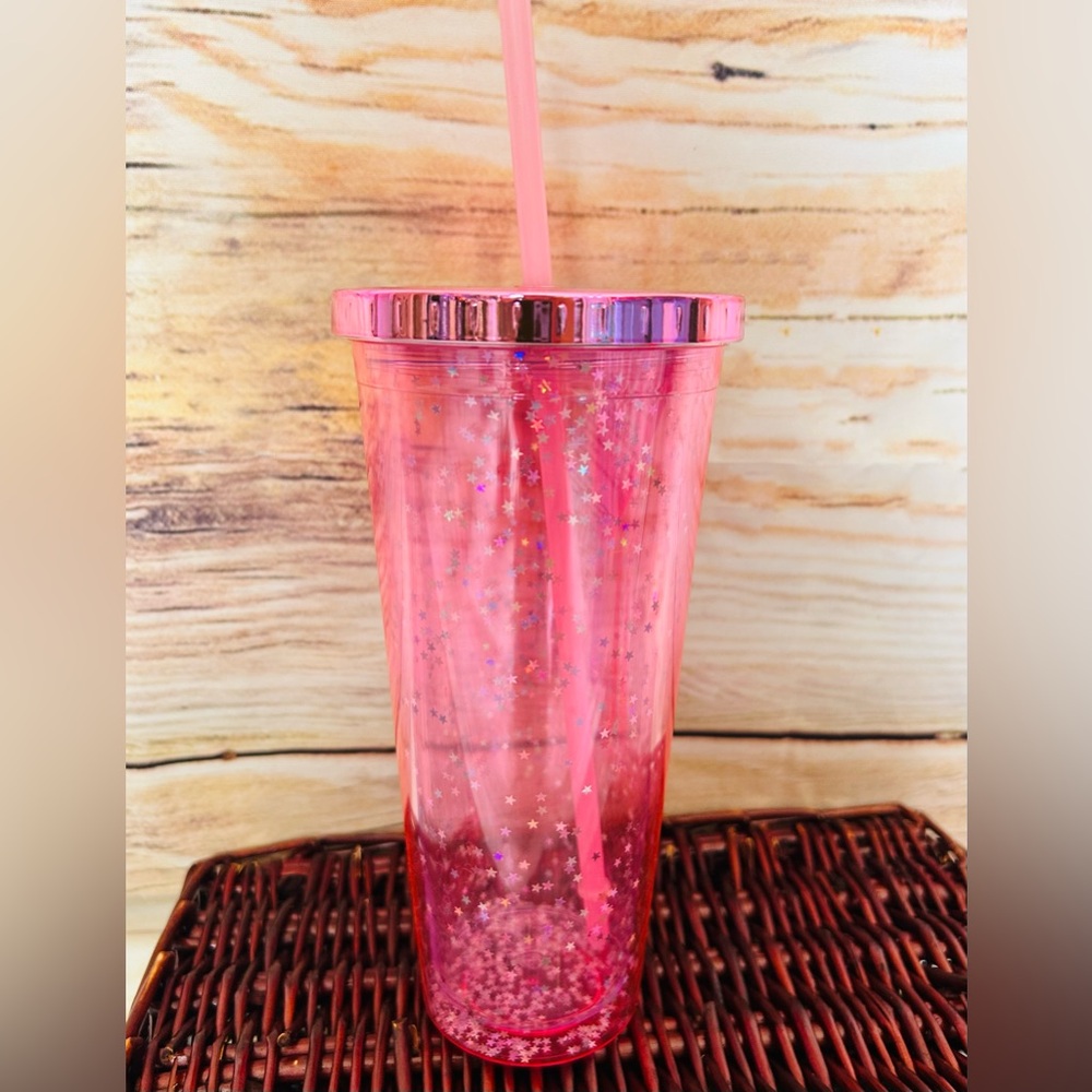 Pink Star Glitter Tumbler with Lid / Straw NEW - Picture 2 of 9